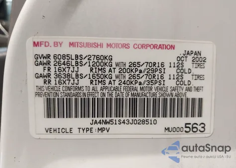 2003 Mitsubishi Montero 20Th Anniversary/Limited from USA, damaged, VIN JA4NW51S43J028510